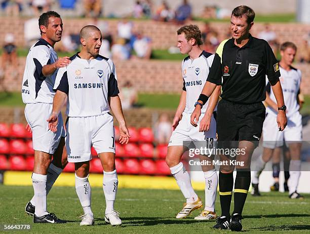 Michael Ferrante of the Victory argues with the referee during the round 19 A-League match between the Newcastle Jets and Melbourne Victory at Energy...