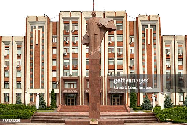 The Transnistrian parliament building and statue of Vladimir Lenin in Tiraspol which is the capital of Transnistria.