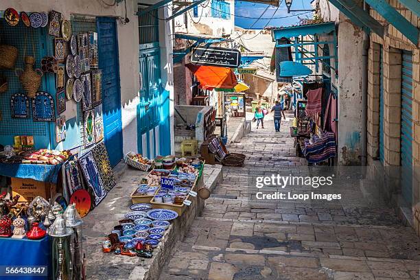 Steep and narrow street in the souk area of the medina in Sousse in Tunisia.