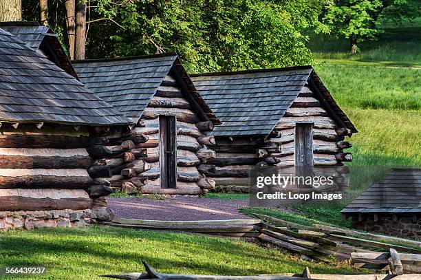 Log cabins used by Washingtons troops in Valley Forge.