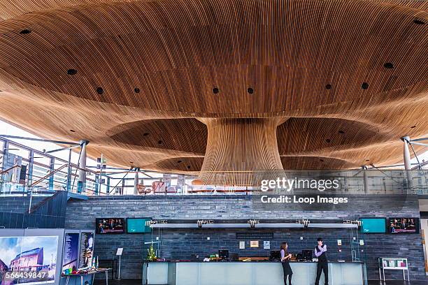 The undulating red cedar ceiling and funnel from the reception area of the Welsh National Assembly building in Cardiff Bay.