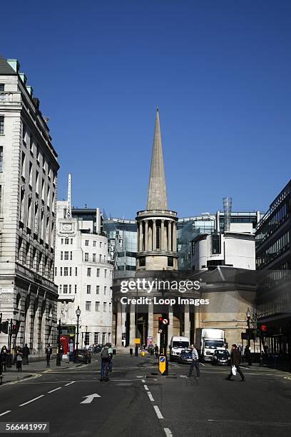 View up Regent Street to All Souls church and BBC Broadcasting House in Marylebone.