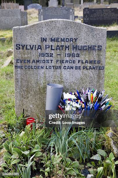 The headstone of poet Sylvia Plath Hughes In Heptonstall in West Yorkshire.