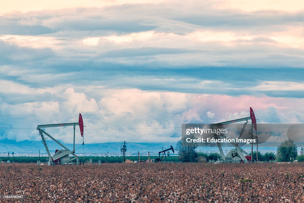 Oil well and fracking site on cotton field