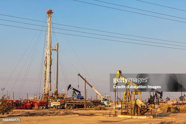 Well stimulation activity on oil well. Lost Hills Oil Field and hydraulic fracking site is located over the Monterey Shale. Kern County, San Joaquin...