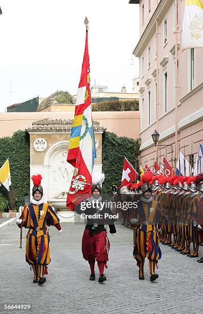 Members of the Swiss guard attend a ceremony in order to receive the 500th anniversary medal from archbishop Leonardo Sandri at the Cortile d'Onore,...