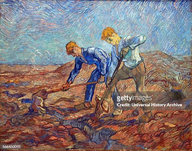 Two Peasants Digging by Vincent Van Gogh a Post-Impressionist painter of Dutch origin whose work - notable for its rough beauty, emotional honesty...