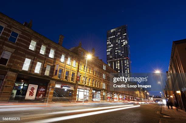 View down Deansgate in Manchester towards Beetham Tower.