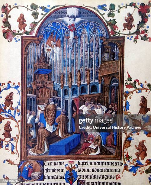 Miniature from Très Riches Heures du Duc de Berry, painted by Jean Colombe ; a French miniature painter and illuminator of manuscripts. Painted for...