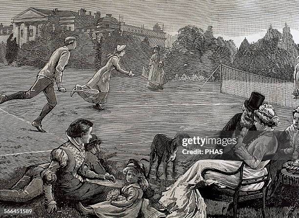 England, Birmingham, 19th century. Lawn tennis. Engraving by Rico, 'La Ilustracion Espanola y Americana', 1880.