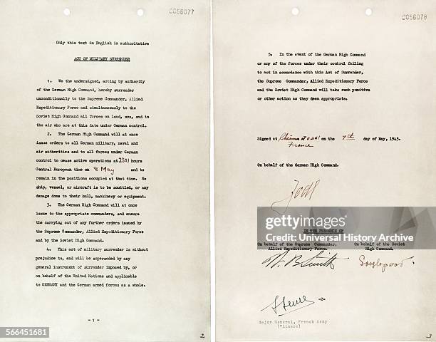 The document marking Germany's surrender signed at Reims, France on 7 May 1945 signed by General Jodl