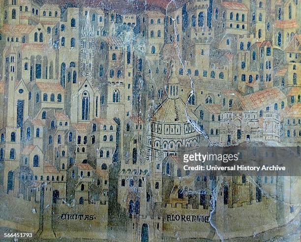 Fresco depicting the city of Florence. The Octagonal Baptistery in the middle, the tower of the Badia to the left and the Palazzo Vecchio behind....