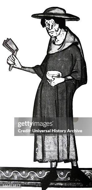 Illustration of a leper with a begging bowl and rattle. Dated 14th Century