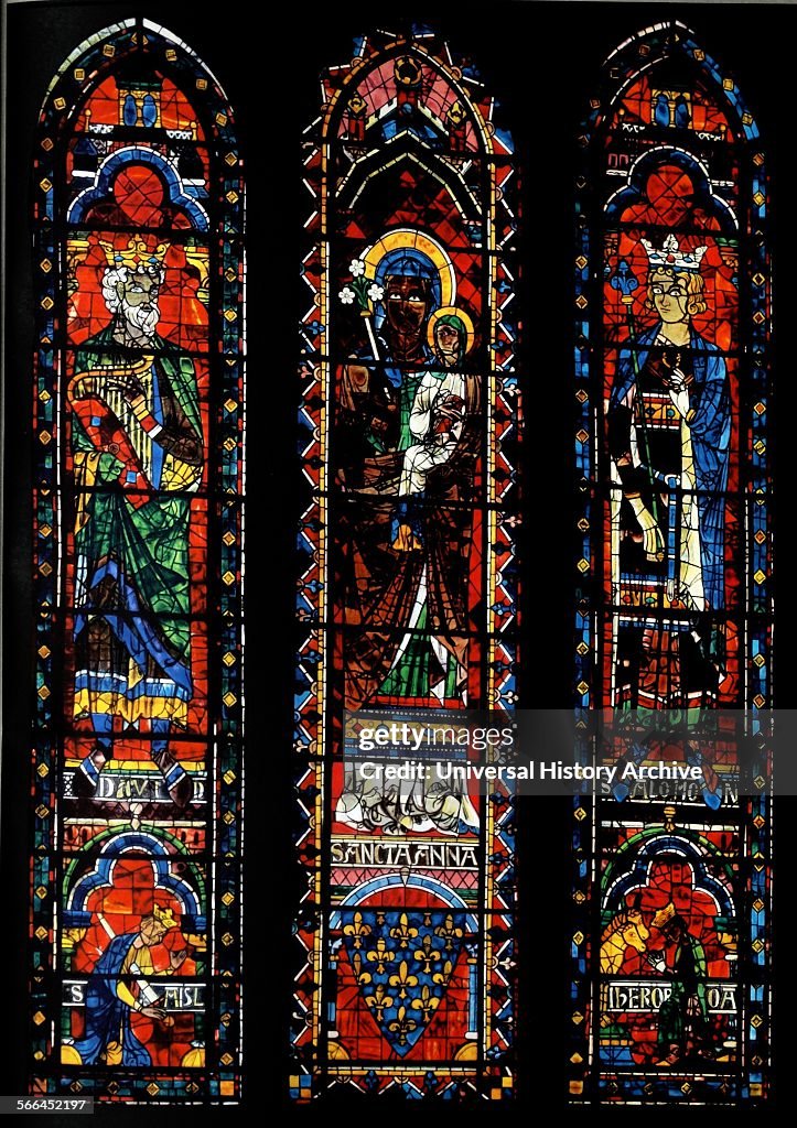 Stained glass at Chartres Cathedral; King David; St Anne with the infant Virgin and King Solomon;