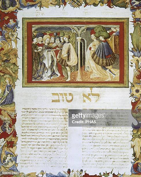 Arba'ah Turim or Tur. Halakhic code by Yaakov ben Asher . Hebrew, Miniature. Hebrew marriage scene, 1436. Folio 220v. Vatican Apostolic Library.