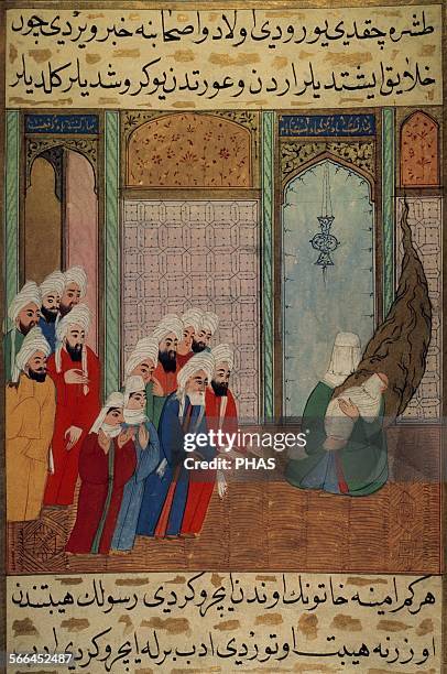 Muhammad , newborn on his mother's arms, shows to his grandfather Abd al-Muttalib and other inhabitants of Mecca. Miniature. Topkapi Museum,...