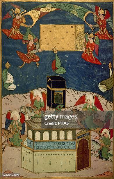 Mecca. Angels decorating the Kaba at the birth of prophet Muhammad. Miniature. Book of Sufti Abdullah, master painter at the court of the Sultan...