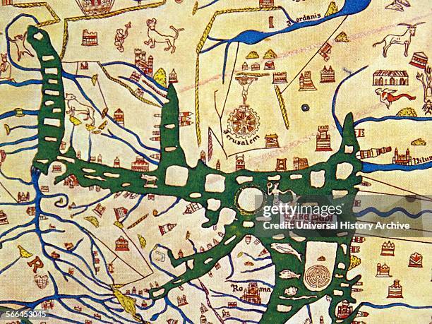 Detail showing Jerusalem as the centre of the world on the Hereford Mappa Mundi of 1280.