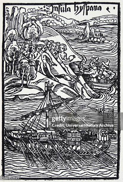 Columbus landing on Hispaniola. From a woodcut of 1494.