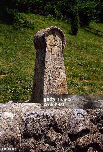 France. Medieval stele, erected in 1960, in memory of the Cathars were burned as heretics in the 13th century, after the crusade by Pope Innocent...