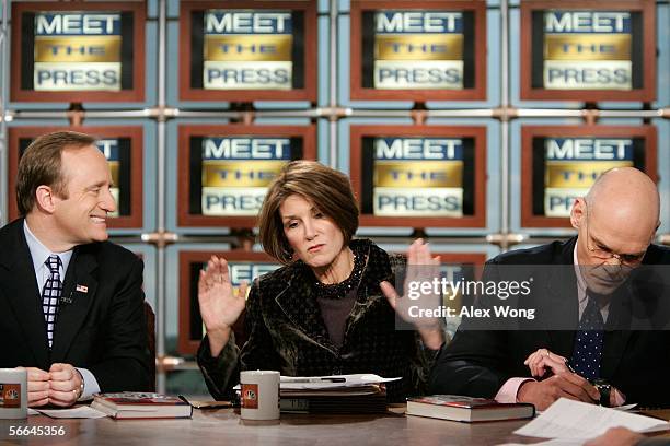 Republican strategist Mary Matalin speaks as Democratic strategists James Carville and Paul Begala listen during a taping of "Meet the Press" at the...