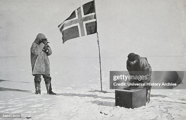 Captain Roald Amundsen taking sights at the South Pole.