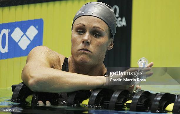 Zoe Baker of New Zealand looks dejected after the women's 50m breaststroke final during the Swimming Arena World Cup on January 22, 2006 in Berlin,...