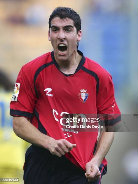 Raul Garcia of Osasuna celebrates after scoring a goal during a Primera Liga match at the Madrigal stadium on January 22, 2006 in Castello de la...