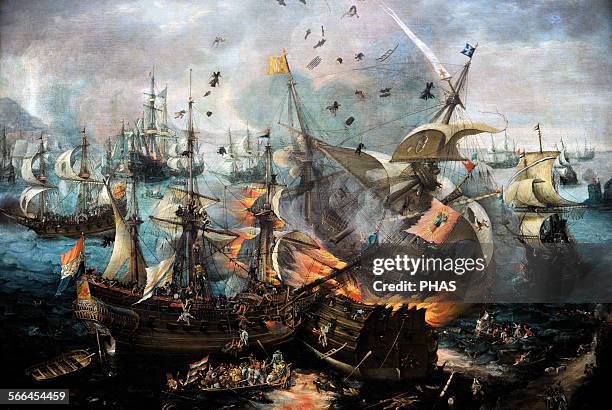 Cornelis Claesz van Wieringen . Dutch painter. The Explosion of the Spanish Flagship during the Battle of Gibraltar, c.1621. Rijksmuseum, Amsterdam,...