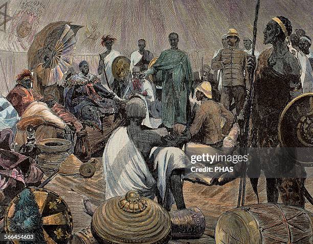 Ashanti rulers talking with British officers. Central Region of Ghana. Colored engraving.