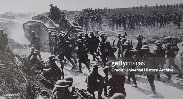 The tank, a British invention, was first used in the 1914-18 war in 1916 to end the deadlock of trench warfare. These Mark V tanks, together with...