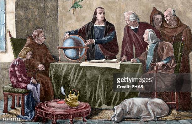 Christopher Columbus . Genoese navigator. Columbus at the Convent of La Rabida. Engraving after the painting by Felipe Manso in The Spanish and...