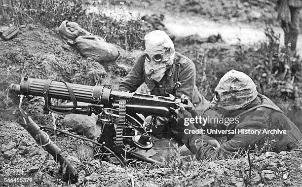 World War One; Vickers Machine Gun Crew with gas masks