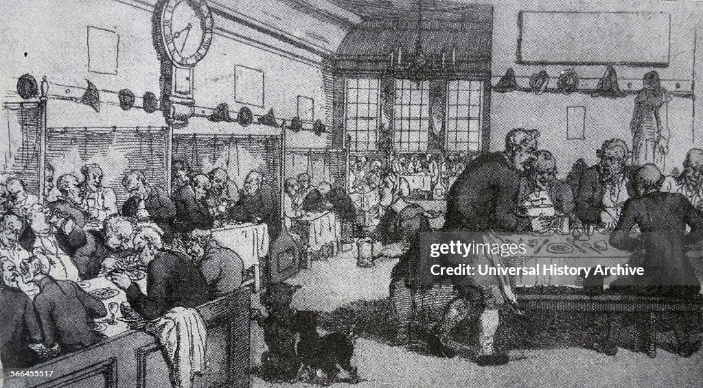 Lloyd's Coffee House, Lombard Street, London. Here businessmen and people seeking 'insurance' met. This was the beginning of Lloyds insurance.