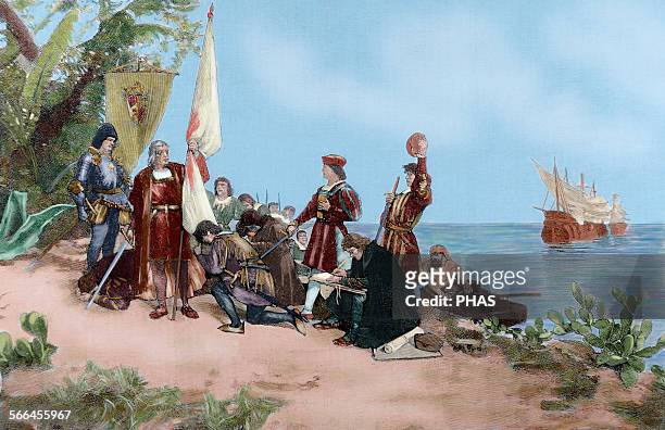 Christopher Columbus . Explorer and navigator genoese. Columbus taking possession of the island of San Salvador. Engraving by Martin Rico after a...