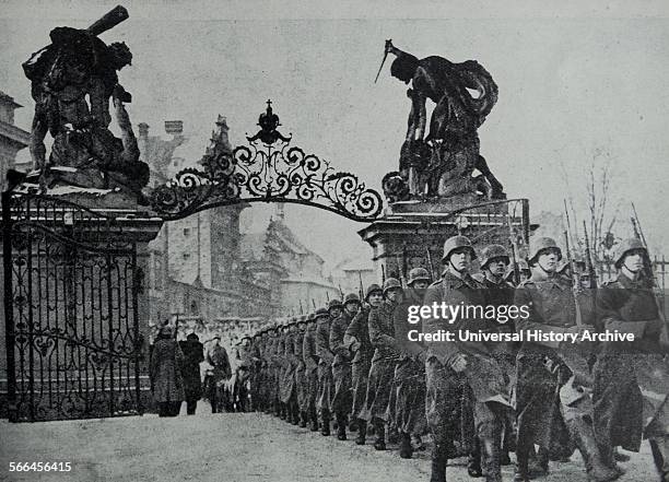 Photograph of Nazis occupying Prague Castle after Adolf Hitler spent the night. Dated 1939