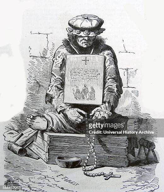 Illustration of a French medieval leper. On either side of him are hand crutches which would be used to propel the leper forward. He is also sat with...