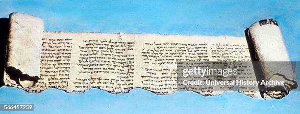 Sample of the Dead Sea Scrolls, a collection of texts discovered in the West Bank. Written in Hebrew, Aramaic, Greek and Nabatean. Dated 408 BC.