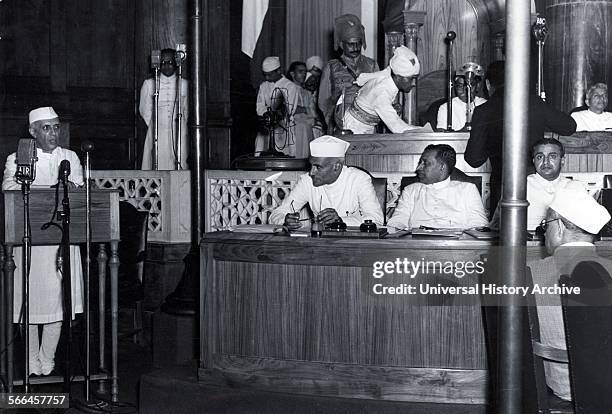 Photograph of Jawaharlal Nehru, first Prime Minister of India, declaring Indian Independence in the Constituent Assembly, Delhi. Dated 1947.