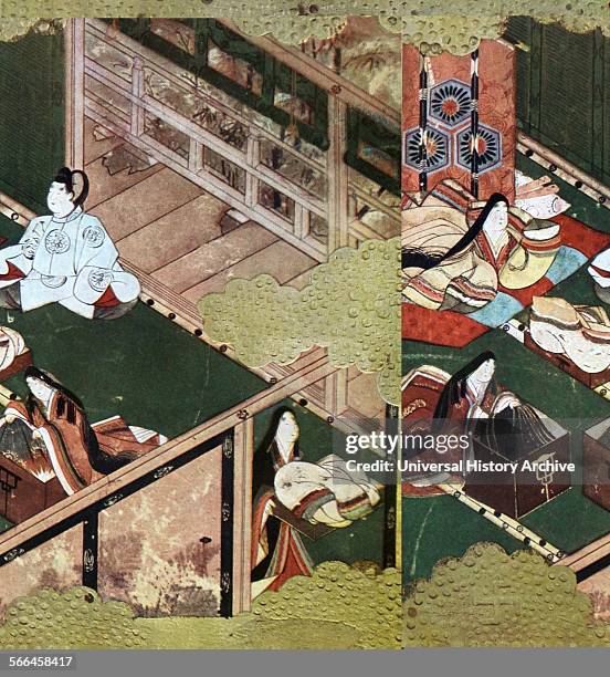 Japanese screen with a scene from daily life; Tosa school, Japanese 15th Century.