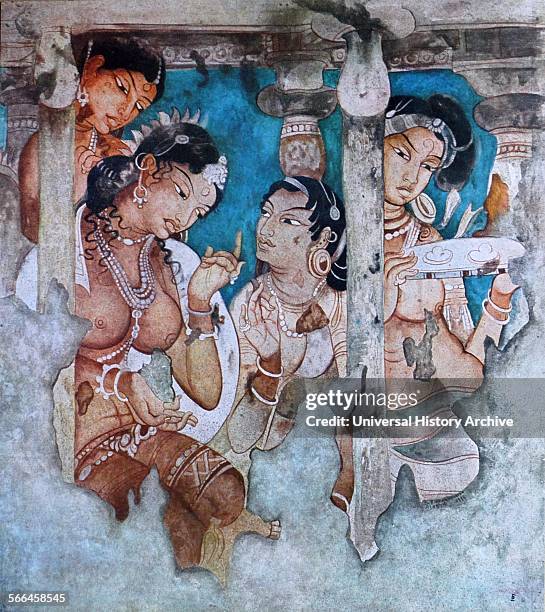 Scene in a palace; Fresco from the Ajanta caves in Aurangabad district of Maharashtra, India are about 30 rock-cut Buddhist cave monuments which date...