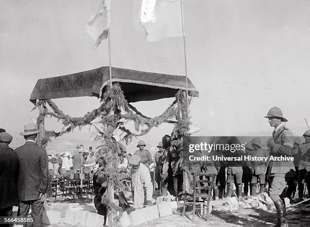 Photograph of Lord Balfour's visit to The Hebrew University, laying the foundation stone of Hebrew University. Dated 1918.