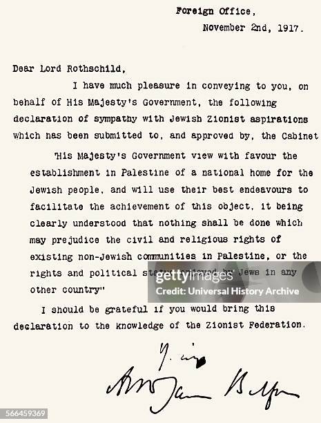 The Balfour Declaration, a letter from the United Kingdom's Foreign Secretary Arthur James Balfour. Dated 1917.