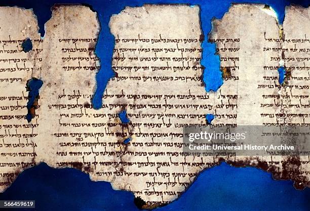 Sample of the Dead Sea Scrolls, a collection of texts discovered in the West Bank. Written in Hebrew, Aramaic, Greek and Nabatean. Dated 408 BC.