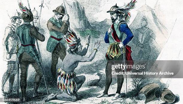 Atahualpa, last Inca before the Spanish conquest. Seen here kneeling before the Spanish Conquistador Pissarro, during the Spanish conquest, the...