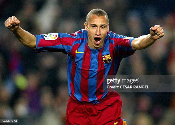 Barcelona's Henryk Larsson of Sweden celebrates after scoring a goal against Alaves during their Spanish League football match at Camp Nou Stadium in...