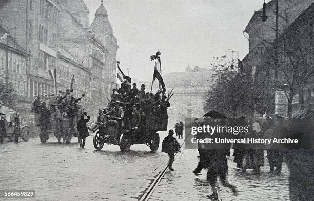 Photograph of Hungarian Republican Revolutionary Soldiers in Budapest as the Hapsburg Dynasty and Austria- Hungary collapse. Dated 1918.