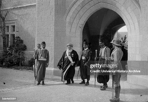 Photograph of Jacob Meir a Sephardic chief rabbi under the British Mandate leaving the Government House following a meeting with the High...