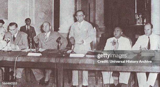 Photograph of Mohammed Hatta attending the Indonesia-Netherlands ministries conference in Jakarta. Dated 1950.