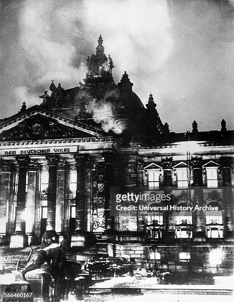 Photograph of The Reichstag building on Fire, Berlin, Germany. Dated 1933.